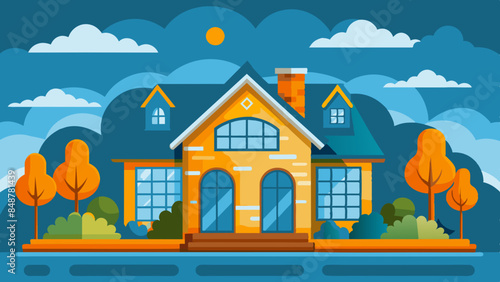 House featuring roof and windows. A house with a roof and windows, standing tall and inviting amidst a serene neighborhood.