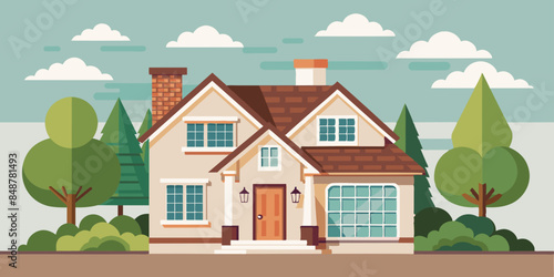 House featuring roof and windows. A house with a roof and windows, standing tall and inviting amidst a serene neighborhood.