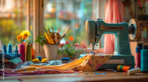 Sewing Machine in Action on Wooden Table: Surrounded by Colorful Fabrics, Threads, and Sewing Tools in Warm, Inviting Atmosphere with Natural Light photo