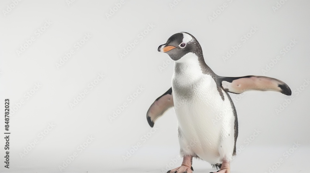 Fototapeta premium A close-up of a black-and-white penguin standing on its feet against a white background
