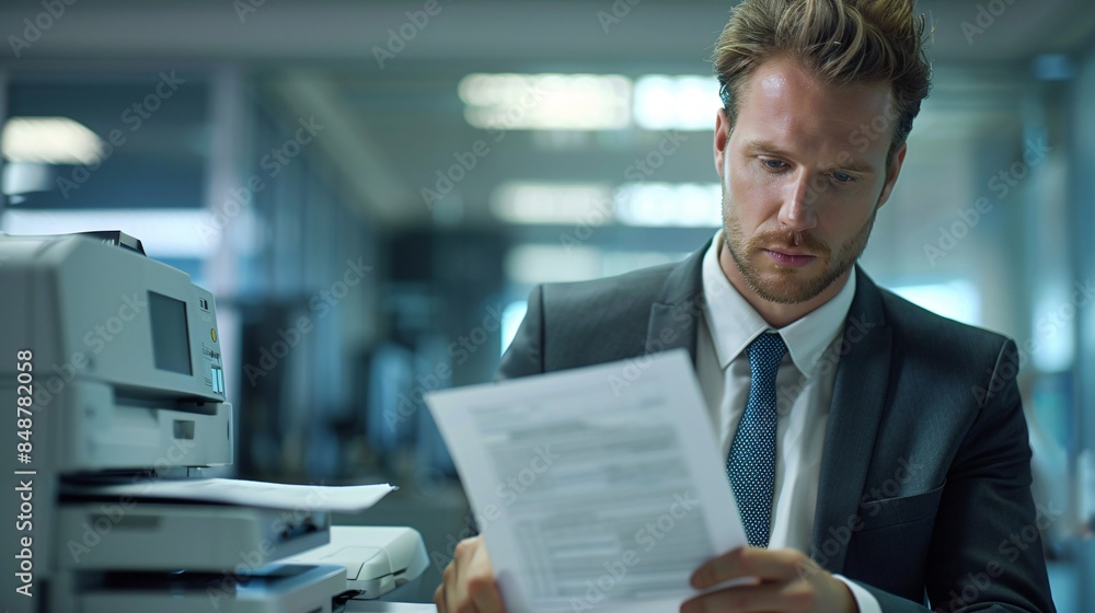 Magazine Photography Style of a businessman in a corporate office environment, using a multifunction laser printer to print important documents. The image highlights the use of ink or toner supplies Magazine Photography Style of a businessman in a corporate office environment, using a multifunction laser printer to print important documents. The image highlights the use of ink or toner supplies