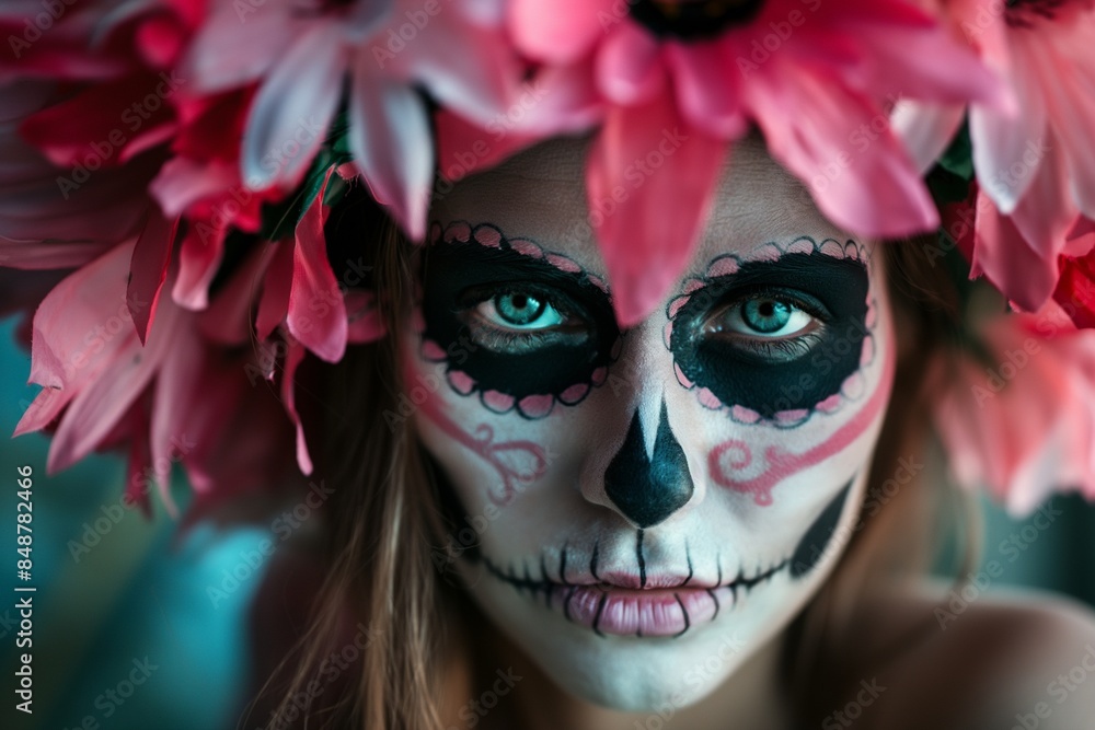 Vibrant Day of the Dead Sugar Skull Makeup with Floral Crown, Halloween Costume Concept Vibrant Day of the Dead Sugar Skull Makeup with Floral Crown, Halloween Costume Concept