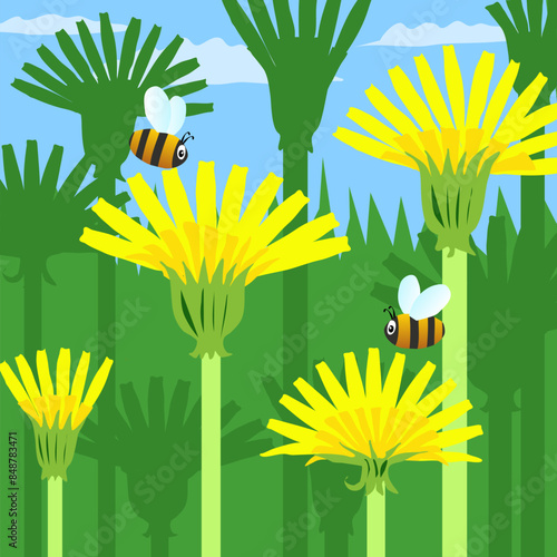 A beautiful background of blooming dandelions and bees flying nearby. Vector illustration Small fat bees do their business bee business swooping among tall grass stalks. Summer day sky and insects get
