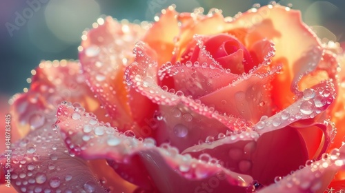 A close-up of a dew-covered rose in the morning light