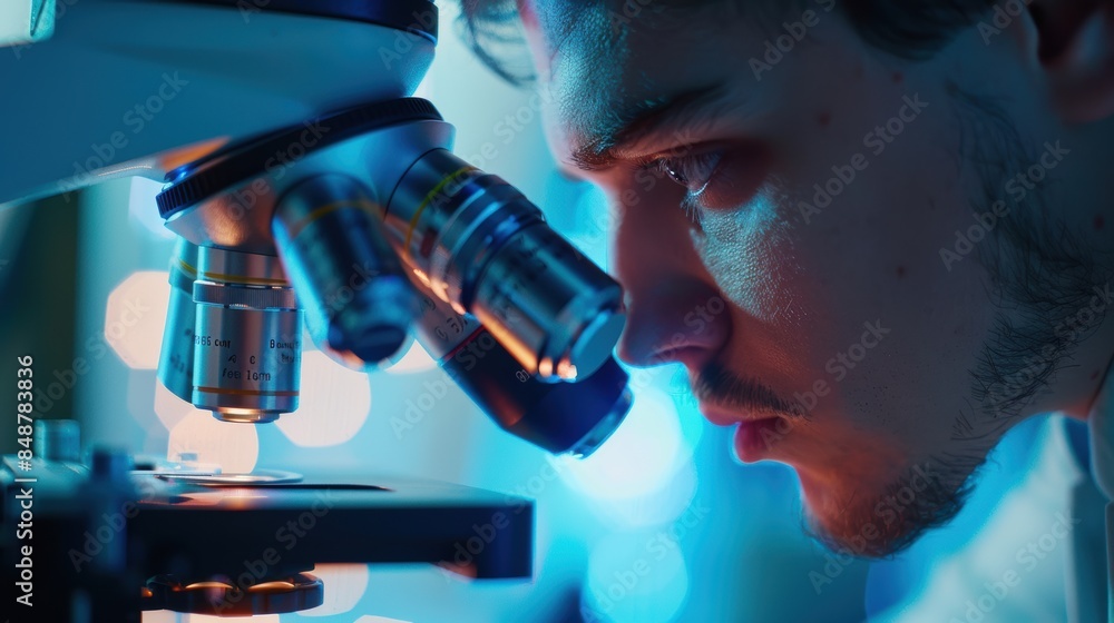 A close-up of a scientist examining a specimen under a microscope, A close-up of a scientist examining a specimen under a microscope,