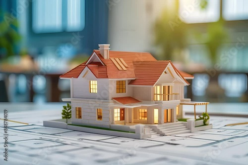 3d rendering of small house model on top of construction plans with blurred background