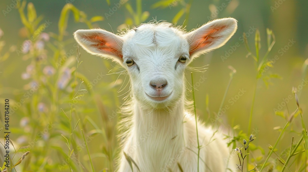 Fototapeta premium Goat in field with blurred background