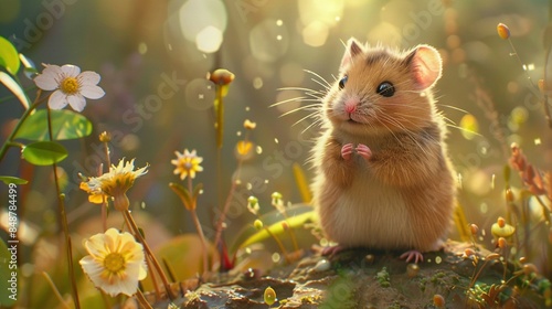  A small rodent posing on hind legs amidst wildflowers under a sunbeam