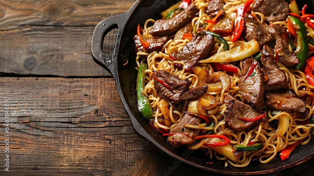 Asian food roast beef noodles and stir fried vegetables on wooden table : Generative AI Asian food roast beef noodles and stir fried vegetables on wooden table : Generative AI