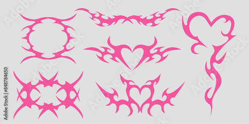 Neo tribal pink emo heart, wings and flame y2k aesthetic tattoo gothic, fire or wings abstract silhouette isolated on background. Divider, border, cyber body ornament, neotribal web goth decoration