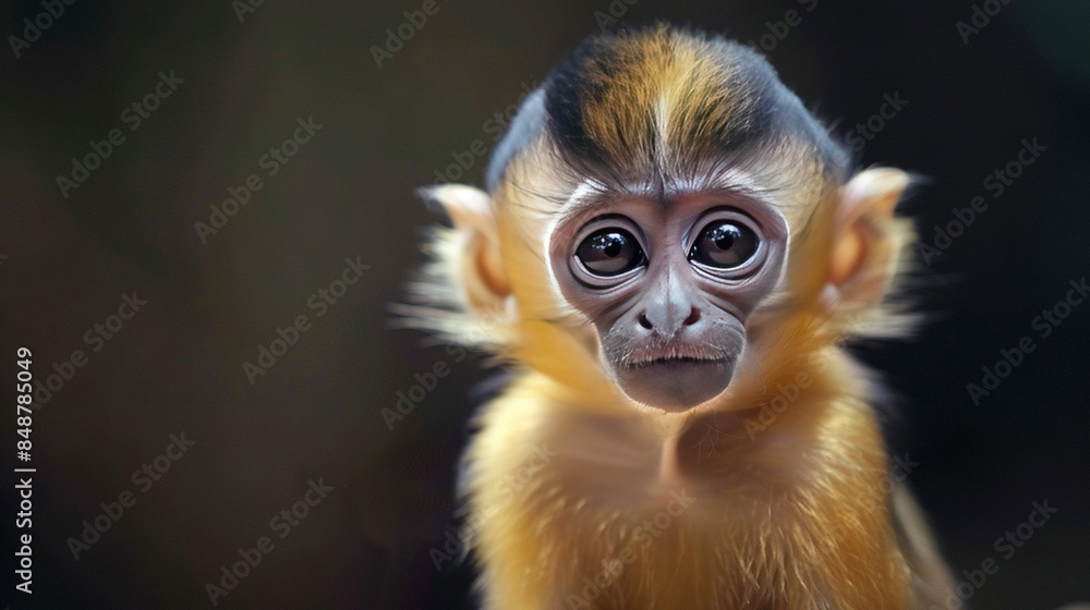 A monkey with a surprised look in a close-up photo against a blurred background A monkey with a surprised look in a close-up photo against a blurred background