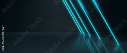 Show stage or catwalk with blue neon led lamp glow and reflections on black glossy floor. Realistic 3d vector illustration with abstract perspective tunnel corridor. Fashion runway room or podium.