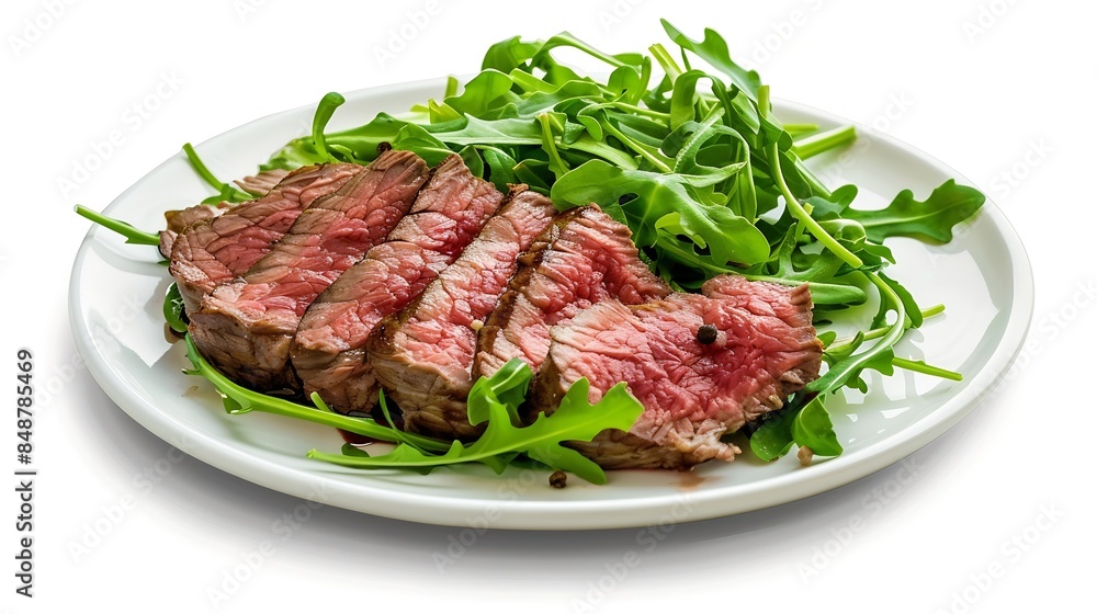 Roast picanha or top sirloin beef meat steak on a plate with arugula salad Isolated on white background : Generative AI Roast picanha or top sirloin beef meat steak on a plate with arugula salad Isolated on white background : Generative AI