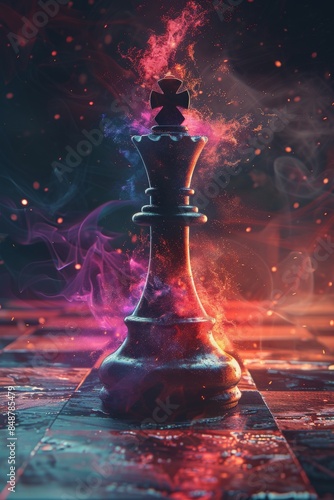 Enigmatic Chess King Piece Engulfed in Vibrant Chroma Smoke on Artistic Chessboard, Symbolic of Strategy and Power in Surreal Atmospherechess photo