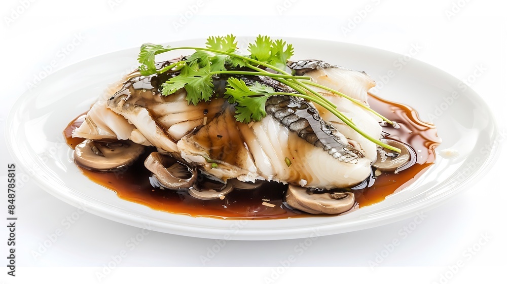 Steamed sea bass with soy sauce and shiitake mushrooms and garnish with coriander leaves in a white plate isolated on white background It is a popular menu in Thailand High protein low : Generative AI Steamed sea bass with soy sauce and shiitake mushrooms and garnish with coriander leaves in a white plate isolated on white background It is a popular menu in Thailand High protein low : Generative AI