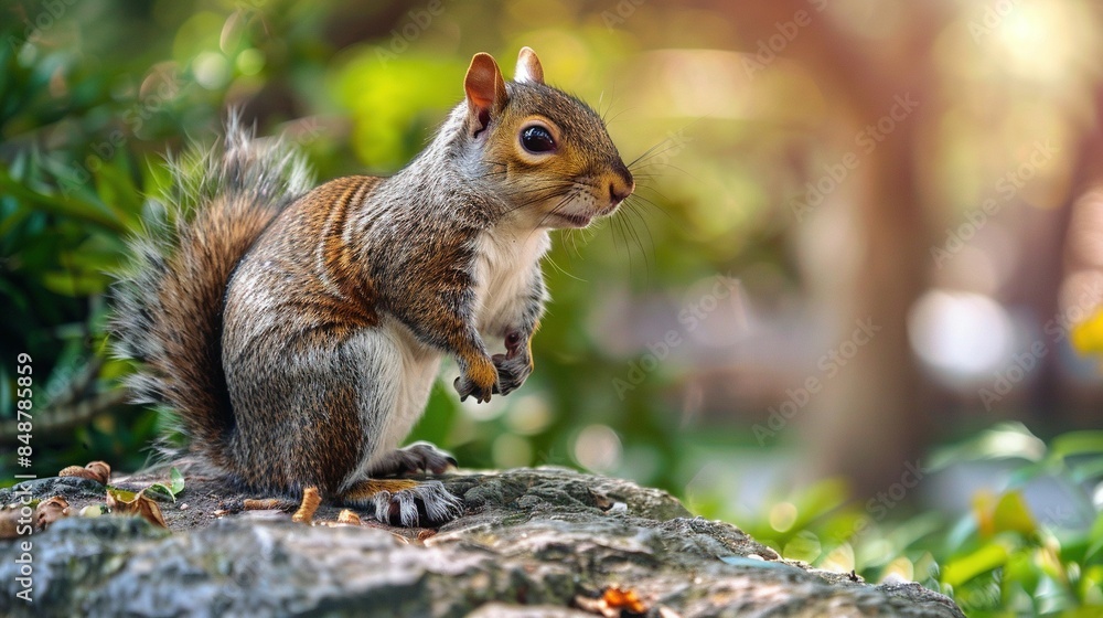A close-up of a squirrel on a rock surrounded by trees and bushes in the background A close-up of a squirrel on a rock surrounded by trees and bushes in the background