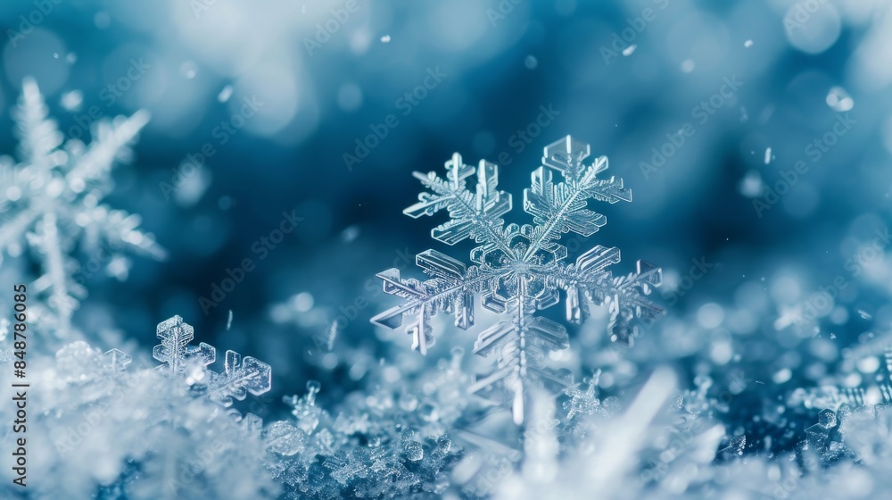 Detailed close-up of a snowflake on a blue background, A close-up of exquisite snowflakes during a harsh blizzard, AI Generated Detailed close-up of a snowflake on a blue background, A close-up of exquisite snowflakes during a harsh blizzard, AI Generated