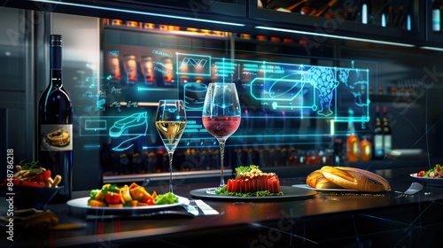 Hologram futuristic restaurant food and wine illustration used for customer menu list. generative AI