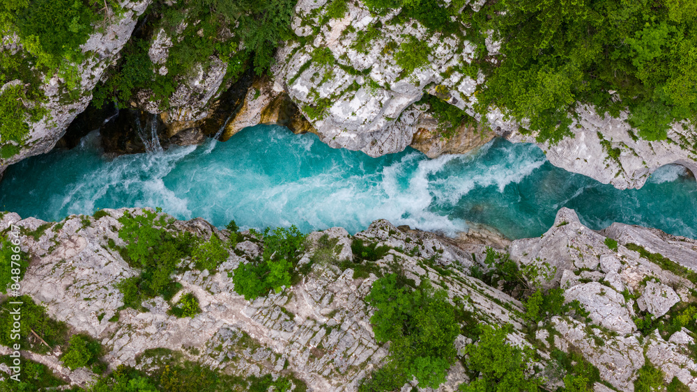 Majestic Aerial Drone Capture of Soca River in Summer, Slovenia Majestic Aerial Drone Capture of Soca River in Summer, Slovenia