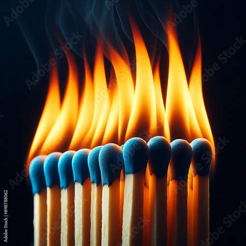 A close-up of multiple matchsticks lined up, with vibrant flames igniting the match heads photo