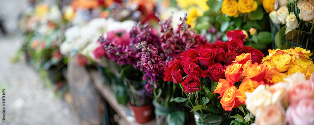 Fototapeta premium close-up shot of vibrant roses and flowers in various colors, displayed at the flower shop's counter. With copy space.