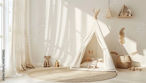 Minimalist Kids Room 3D Rendering with Animal Toys and Teepee, White Wall Background, High Resolution Stock Photo © rui