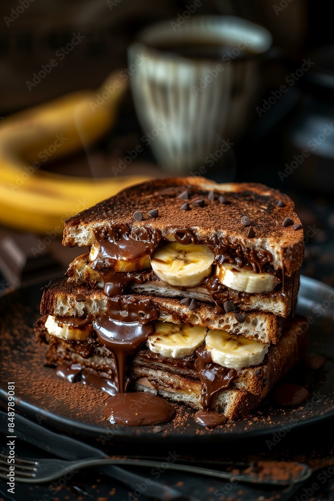 stack of chocolate and banana toast sandwiches with melted chocolate oozing out, served on a dark plate with a coffee cup in the background stack of chocolate and banana toast sandwiches with melted chocolate oozing out, served on a dark plate with a coffee cup in the background