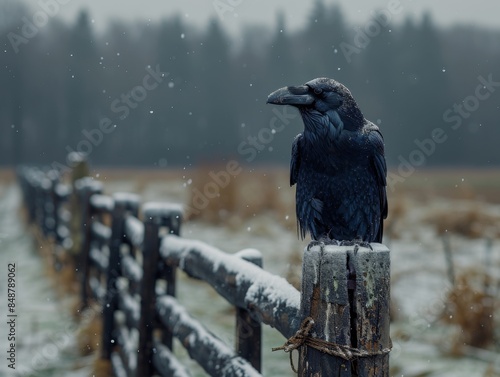 A raven sits on a fence on a gloomy winter day against a stormy sky. photo