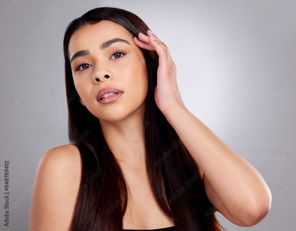 Woman, portrait and straight hair in studio for beauty keratin treatment, volume or texture shine of growth health. Female person, hairdresser and collagen benefits, cosmetics and grey background Woman, portrait and straight hair in studio for beauty keratin treatment, volume or texture shine of growth health. Female person, hairdresser and collagen benefits, cosmetics and grey background