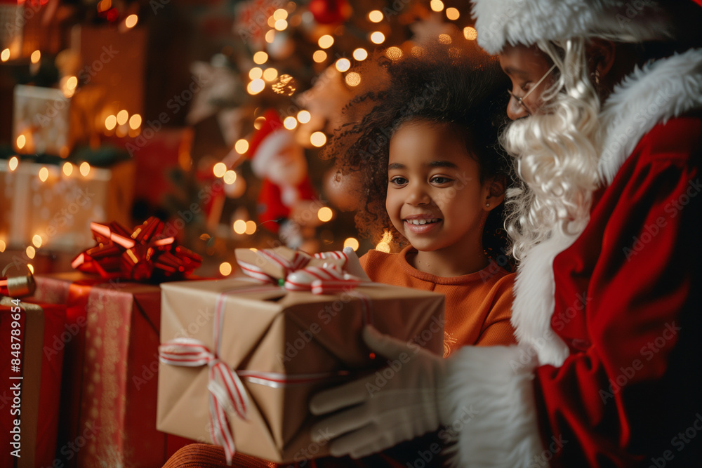 A young girl is opening a gift from Santa Claus. She is smiling and she is excited about the present A young girl is opening a gift from Santa Claus. She is smiling and she is excited about the present