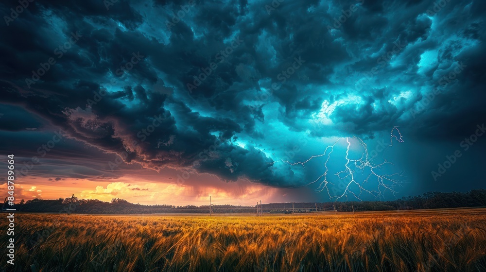 Fototapeta premium A stormy sky with lightning over a field. A lightning storm with thunderbolts during a thunderstorm