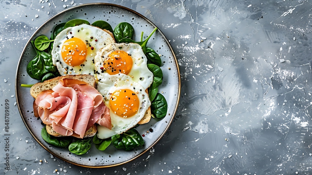 A nutritious breakfast plate with sunnysideup eggs sliced ham fresh spinach on wholegrain toast seasoned with pepper : Generative AI A nutritious breakfast plate with sunnysideup eggs sliced ham fresh spinach on wholegrain toast seasoned with pepper : Generative AI