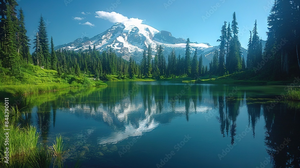 A stunning image of a mountain with a serene lake in the foreground, surrounded by majestic trees, set against a backdrop of brilliant blue skies and fluffy white clouds A stunning image of a mountain with a serene lake in the foreground, surrounded by majestic trees, set against a backdrop of brilliant blue skies and fluffy white clouds