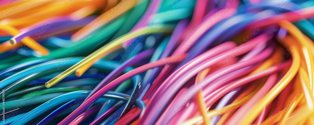 Close up of colorful fibre cables, optics wires cable banner. Generative AI. Close up of colorful fibre cables, optics wires cable banner. Generative AI.