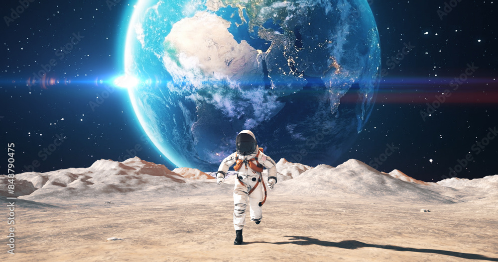 Obraz premium Astronaut Running On A Planet Surface. Making First Steps. Planet Mars Colonization Concept. Space Related Majestic Scene.
