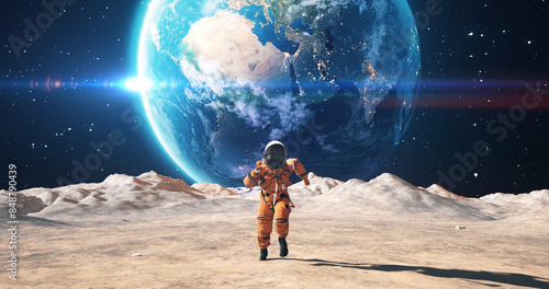 Young Astronaut in Space Suit Confidently Running On An Alien Planet. Planet Earth Is Visible In Sky.