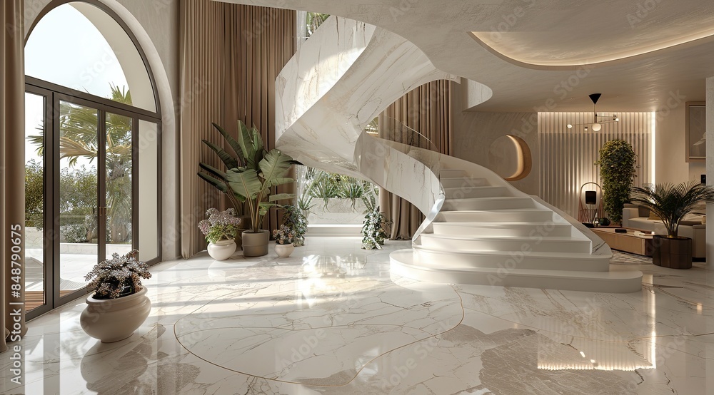 Luxurious Modern Entrance Hall Design with Spiral Staircase, Marble Flooring, and Arched Windows Luxurious Modern Entrance Hall Design with Spiral Staircase, Marble Flooring, and Arched Windows