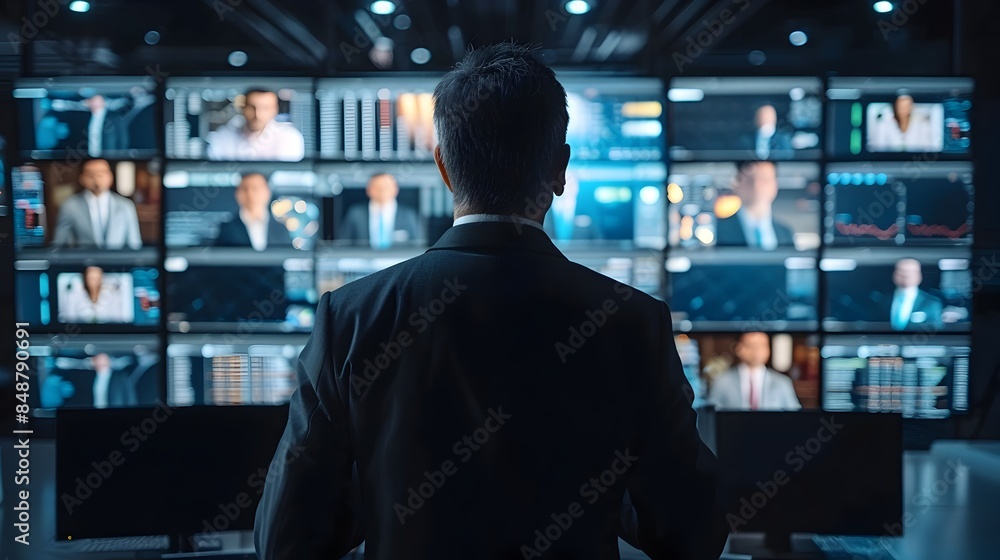 Business Professionals Engaged in Global Strategy Video Conference via Digital Screens Business Professionals Engaged in Global Strategy Video Conference via Digital Screens