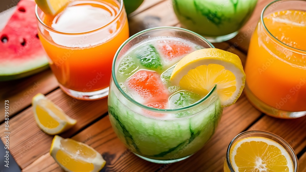 Watermelon lemon and orange juice on the table Watermelon lemon and orange juice on the table