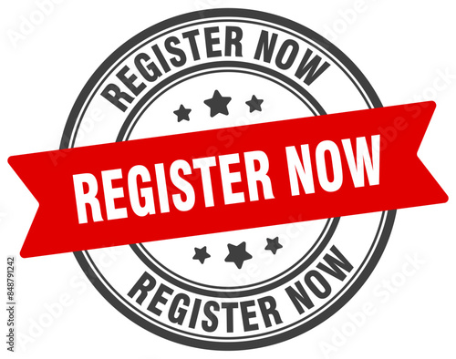 register now stamp. register now label on transparent background. round sign