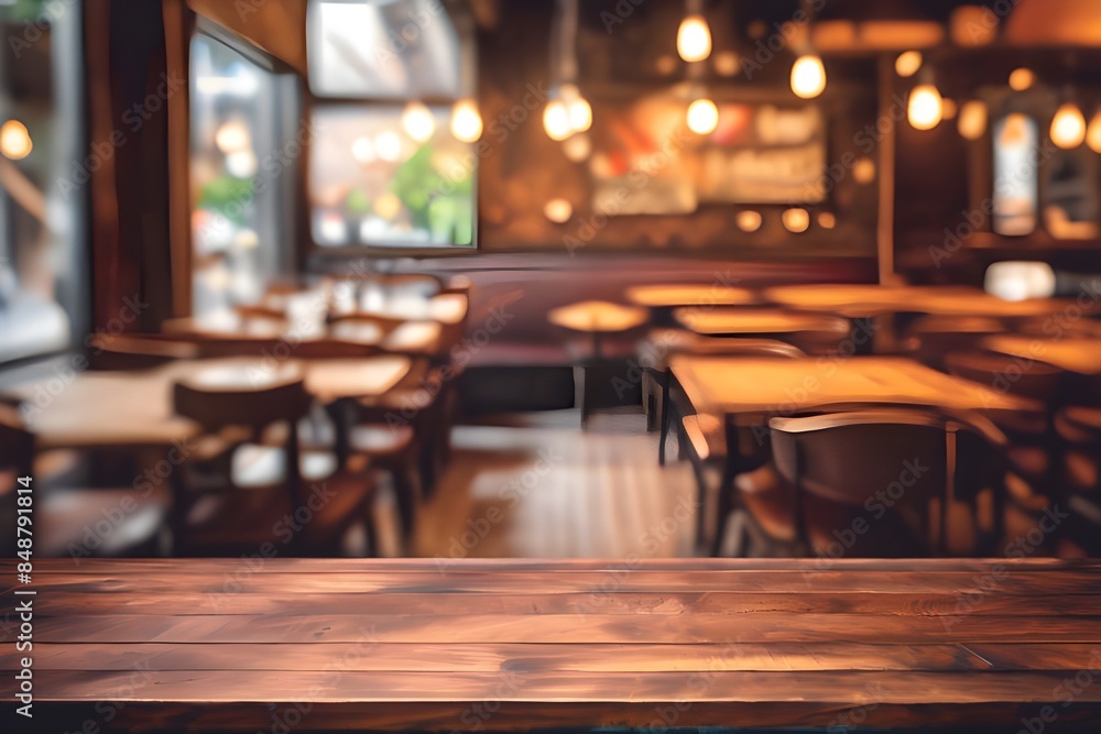 Wooden table top with blur background of restaurant interior. generative ai Wooden table top with blur background of restaurant interior. generative ai