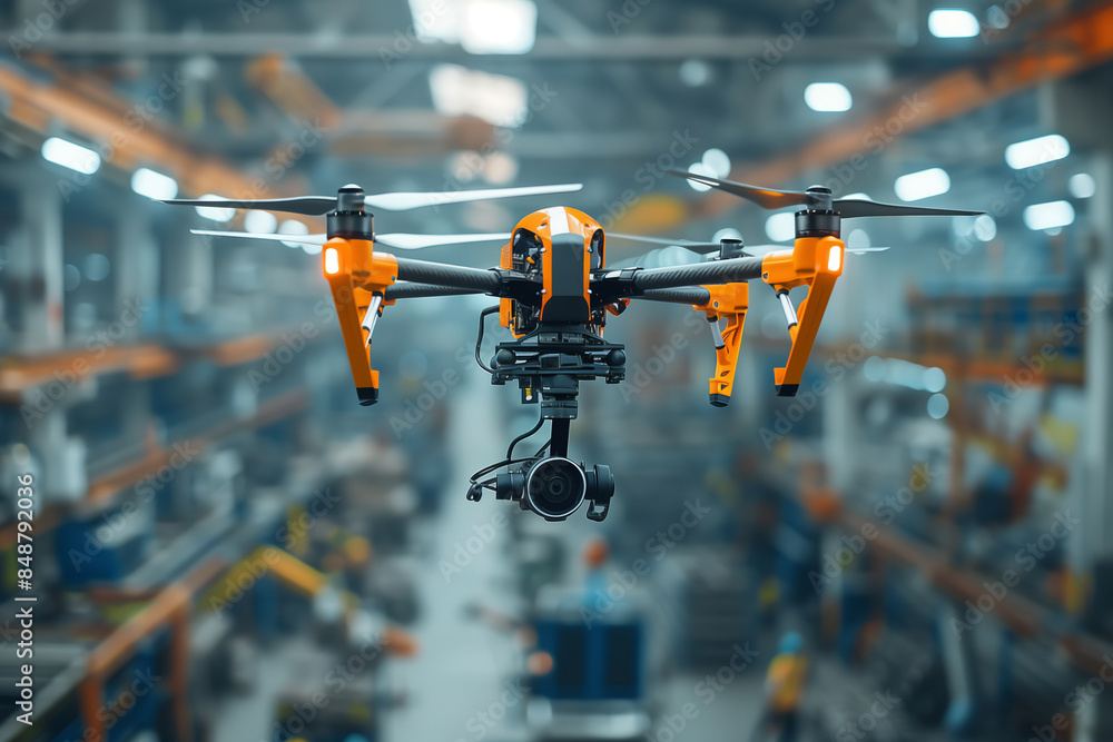 Orange drone flying through industrial factory Orange drone flying through industrial factory