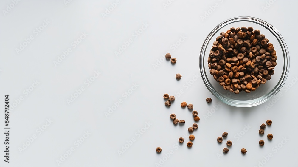 Cat food in a bowl and spilled closeup on a white background Top view : Generative AI Cat food in a bowl and spilled closeup on a white background Top view : Generative AI