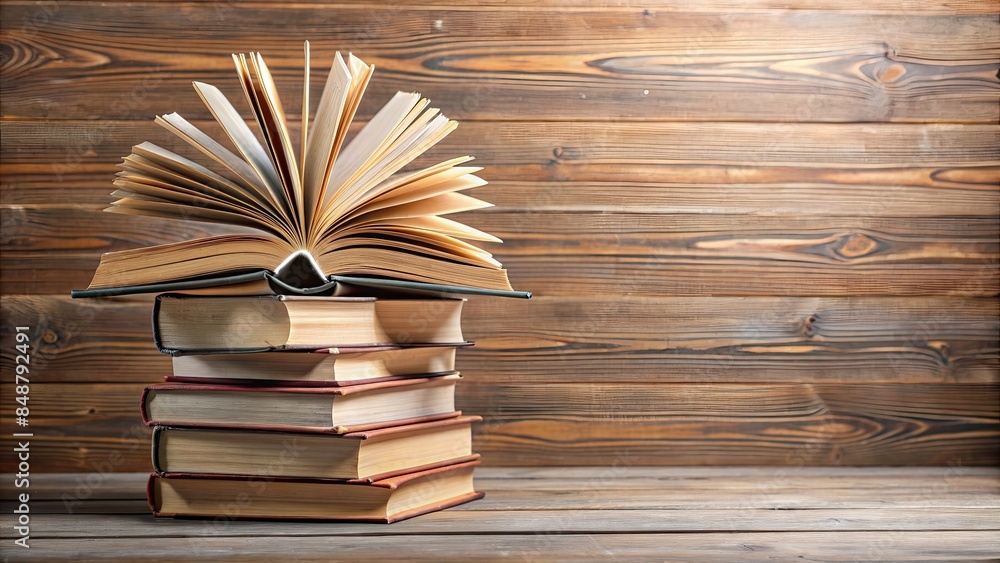 Fototapeta premium Open book with pages fanned out on top of stacked books on wooden shelves.