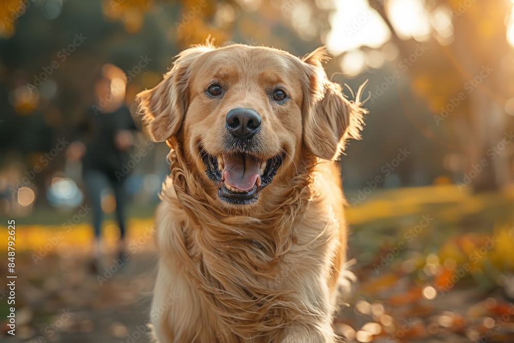 Golden Retriever Running Playfully in an Autumn Park with Sunlit Background and Blurred Person in the Distancedog