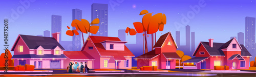 Kid friends in Halloween carnival costumes walking suburban street. Cartoon vector autumn holiday cityscape with decorated houses and cute children dressed as ghost, death, bat and frankenstein.