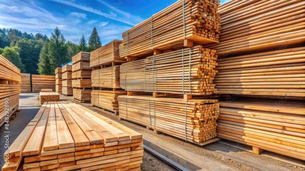 Stacks of cut lumber in an outdoor storage area. Stacks of cut lumber in an outdoor storage area.