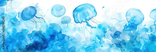 Abstract watercolor painting featuring blue jellyfish floating in a sea of vibrant colors, creating a serene underwater scene.