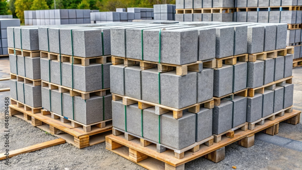Stacks of concrete blocks on wooden pallets at a construction site. Stacks of concrete blocks on wooden pallets at a construction site.