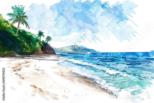 Beach scene with palm trees, rolling waves, and coastline, watercolor painting